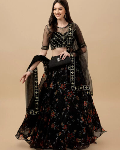 Embroidered Semi Stitched Lehenga Choli (Black)