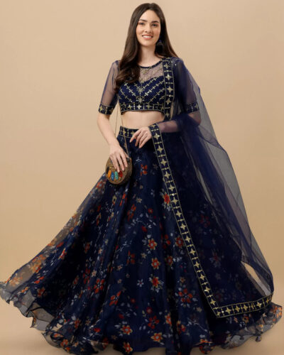 Embroidered Semi Stitched Lehenga Choli (Blue)