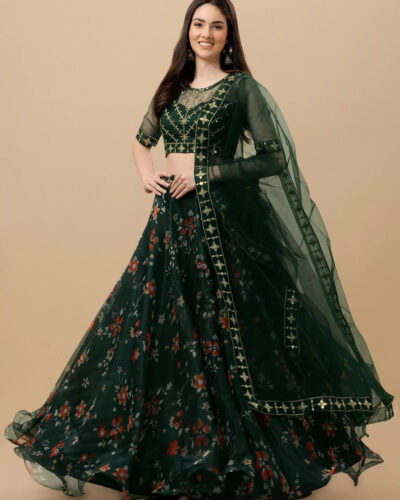 Embroidered Semi Stitched Lehenga Choli (Green)