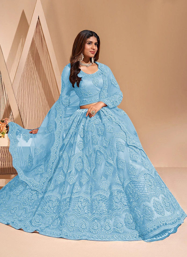 Embroidered Semi Stitched Lehenga Choli (Blue)