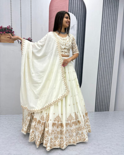Embroidered Semi Stitched Lehenga Choli (White)