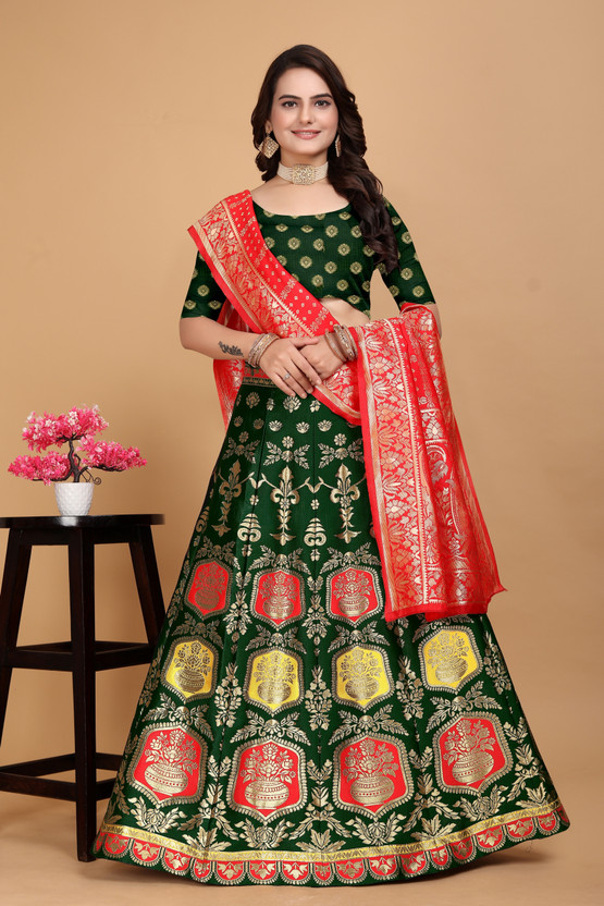 Printed Semi Stitched Lehenga Choli (Green)