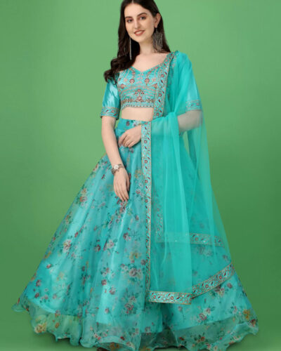 Printed Semi Stitched Lehenga Choli (Light Blue)