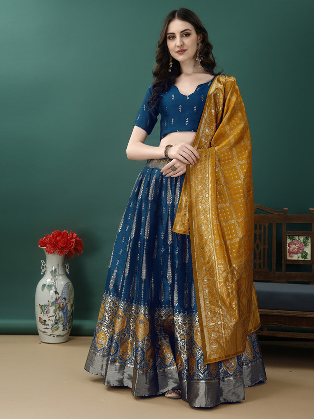 Self Design Semi Stitched Lehenga Choli (Dark Blue)
