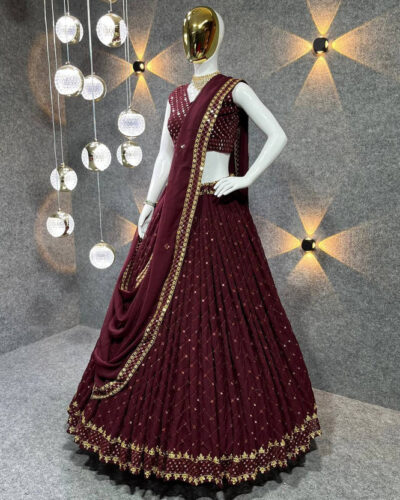 Embroidered, Embellished Semi Stitched Lehenga Choli (Maroon)