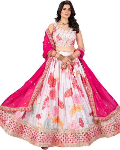 Embroidered Semi Stitched Lehenga Choli (White)