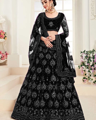 Embroidered Semi Stitched Lehenga Choli (Black)