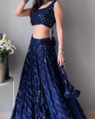 Embroidered Semi Stitched Lehenga Choli (Dark Blue)