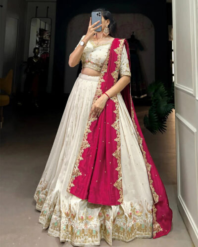 Embroidered Semi Stitched Lehenga Choli (White, Red)
