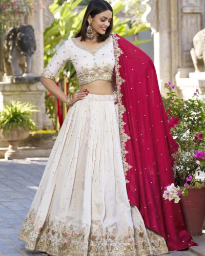 Embroidered Semi Stitched Lehenga Choli (White, Red)