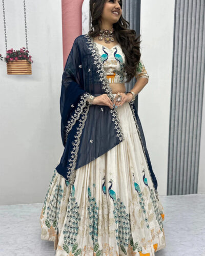 Embroidered Semi Stitched Lehenga Choli (White, Dark Blue)