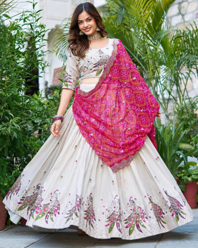 Embroidered Semi Stitched Lehenga Choli (White, Pink)
