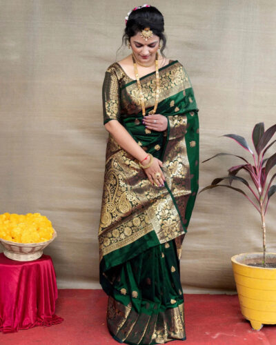 Woven Kanjivaram Silk Blend Saree (Dark Green)
