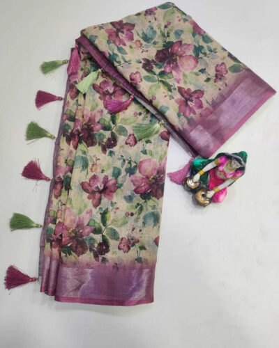 Floral Print Bollywood Linen Saree (Purple)
