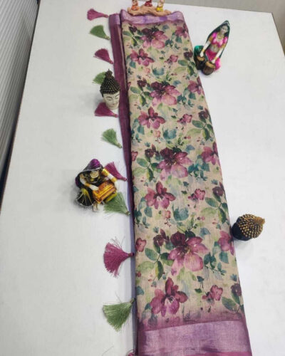 Floral Print Bollywood Linen Saree (Purple)