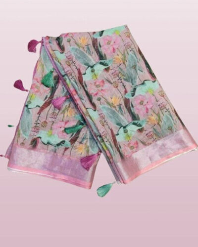 Floral Print Bollywood Linen Saree (Multicolor)