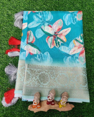 Floral Print Bollywood Linen Saree (Multicolor)