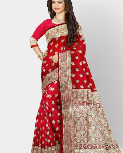 Self Design Tant Handloom Cotton Blend Saree (Red)