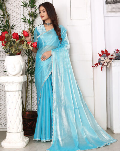 Self Design Bollywood Silk Blend Saree (Light Blue)