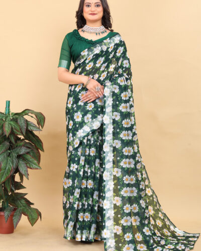 Printed, Floral Print Bollywood Cotton Silk Saree (Green)