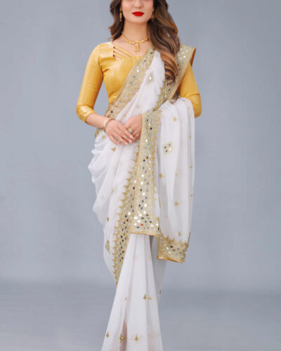 Self Design, Embroidered Bollywood Georgette Saree (White)