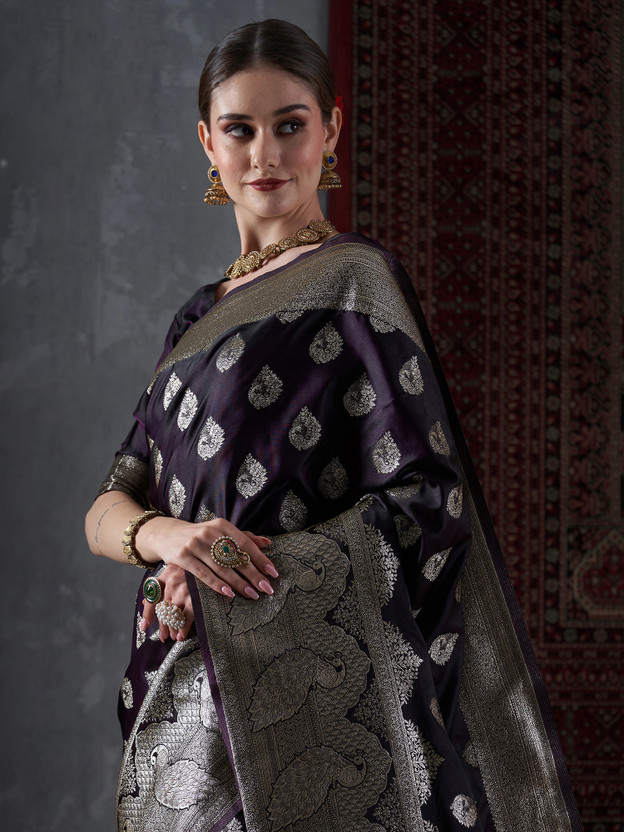 Woven Banarasi Satin Saree (Purple)