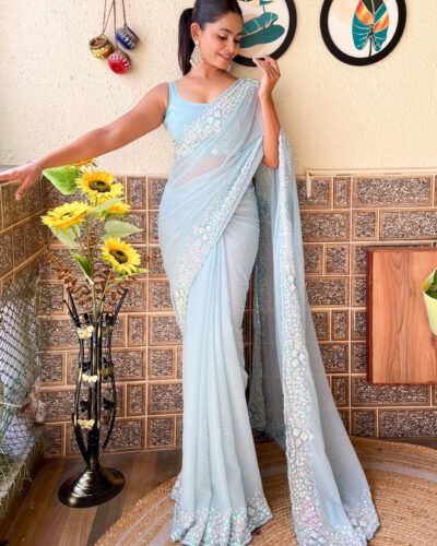 Embellished Bollywood Georgette Saree (Light Blue)
