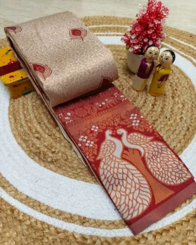 Woven Kanjivaram Silk Blend, Pure Silk Saree (Beige, Red)