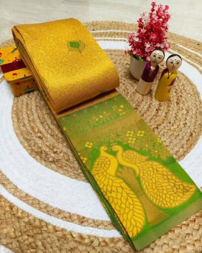 Woven Kanjivaram Silk Blend, Pure Silk Saree (Yellow, Green)