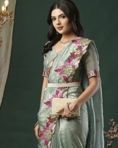 Embroidered Bollywood Tissue Saree (Light Green)