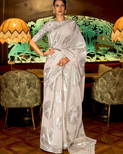 Woven Banarasi Silk Blend Saree (Cream)