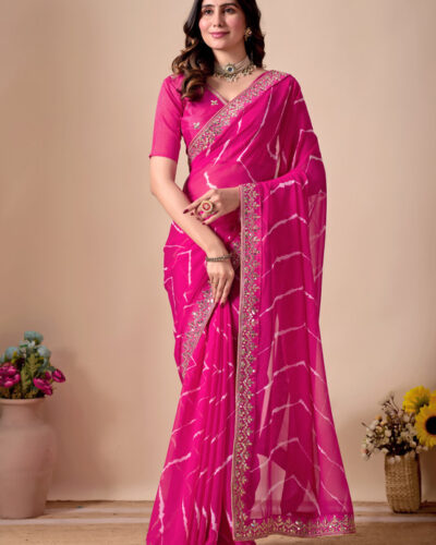 Printed, Embroidered Bollywood Georgette Saree (Pink)