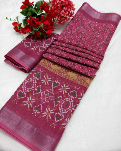 Printed Kanjivaram Linen, Cotton Linen Saree (Maroon)