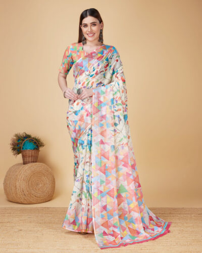 Digital Print, Geometric Print, Graphic Print, Floral Print, Solid/Plain, Checkered Bollywood Cotton Linen, Pure Cotton Saree (Multicolor)