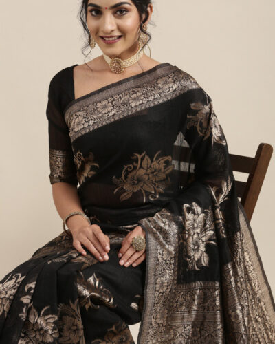 Woven Banarasi Linen Saree (Black, Gold)