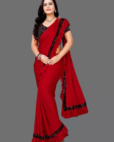 Solid/Plain Bollywood Lycra Blend Saree (Red)