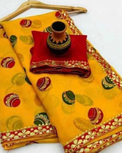 Printed Bandhani Georgette Saree (Pack of 2, Gold)