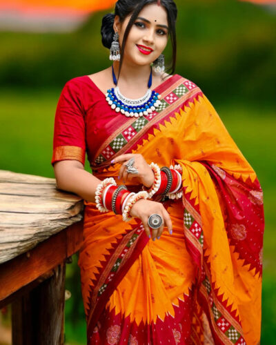 Printed Sambalpuri Pure Cotton Saree (Yellow)
