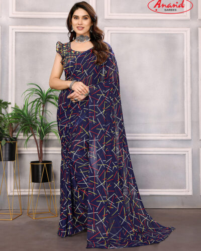 Printed Bollywood Georgette Saree (Dark Blue)