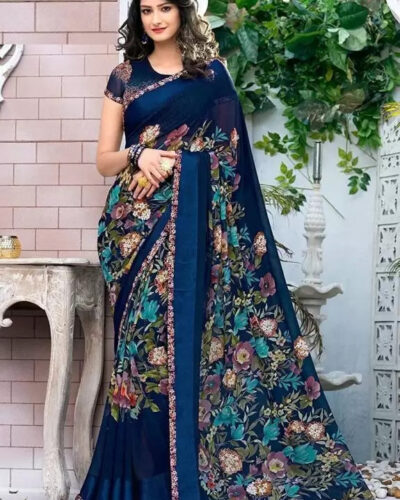 Embellished, Geometric Print, Checkered, Blocked Printed Bollywood Chiffon, Brasso Saree (Blue)