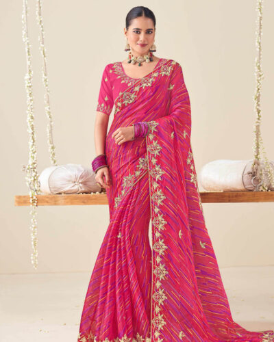 Embroidered Saree with Attached Blouse Chiffon Saree (Pink)