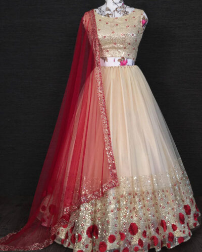 Embroidered Semi Stitched Lehenga Choli (Red, White)
