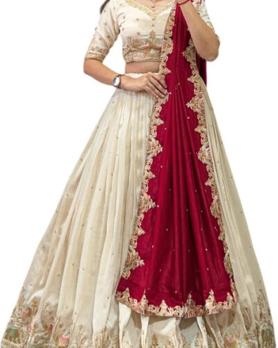 Embroidered Semi Stitched Lehenga Choli (White)