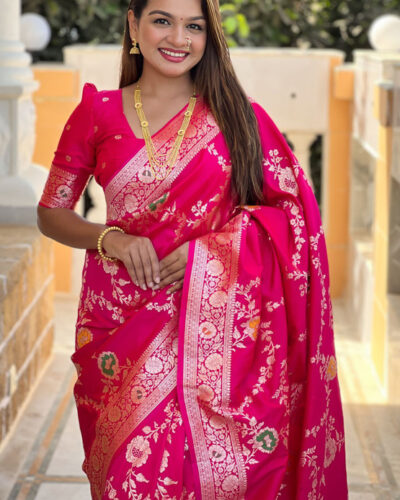 Woven Banarasi Art Silk, Jacquard Saree (Pink)