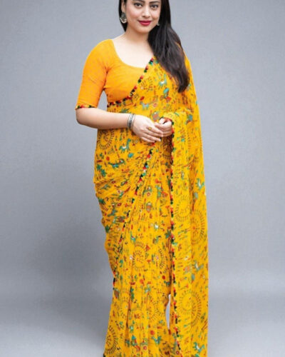 Printed Bollywood Georgette Saree (Yellow)