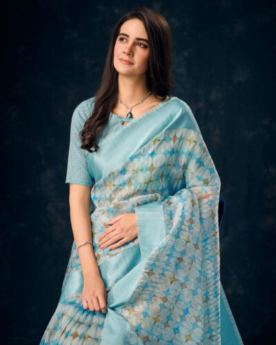 Printed Banarasi Organza Saree (Blue)