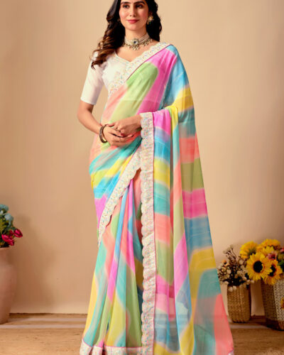 Striped, Ombre, Embroidered Bollywood Georgette Saree (Multicolor)