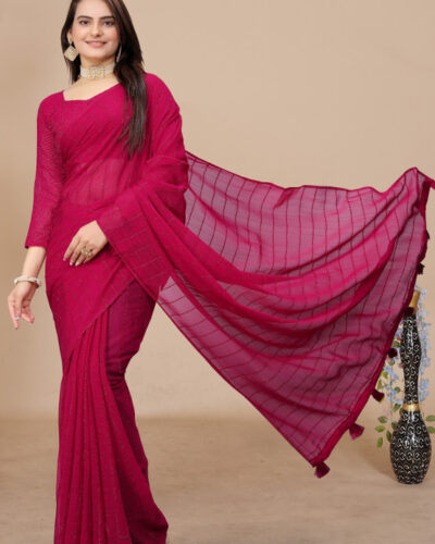 Self Design, Striped, Dyed Bollywood Chiffon Saree (Pink)