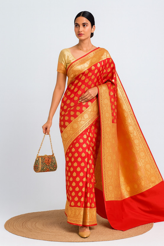 Self Design, Woven Banarasi Silk Blend Saree (Red)