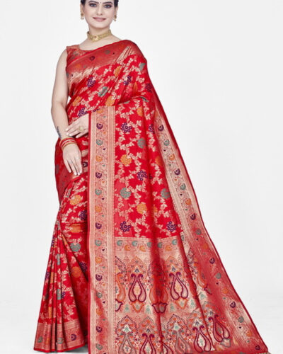 Woven Banarasi Silk Blend Saree (Red)